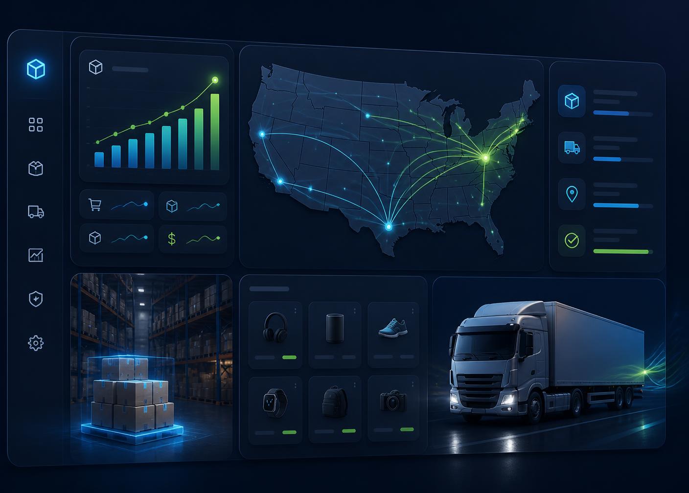 Sohan Store warehouse dashboard showing US shipping routes, live order analytics, and same-day fulfillment